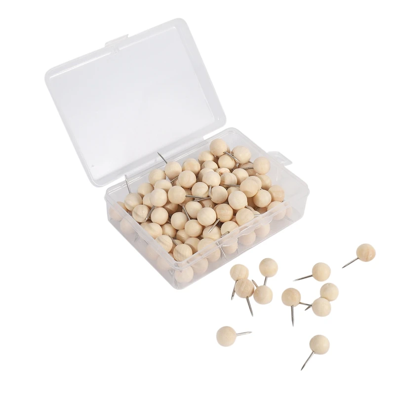 

130Pcs Round Wood Decorative Push Pins, Wood Head And Steel Needle Point Thumb Tacks For Photos, Maps And Cork Boards