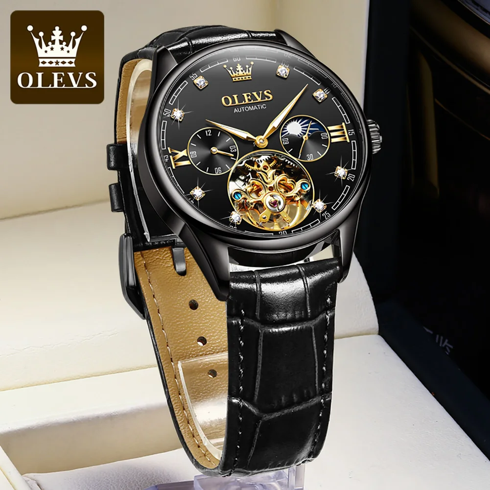 OLEVS Orologio Da Uomo Automatico A Carica Automatica, Scheletro Meccanico Tourbillon, Diamanti, Data, Impermeabile 30m, Acciaio Inox