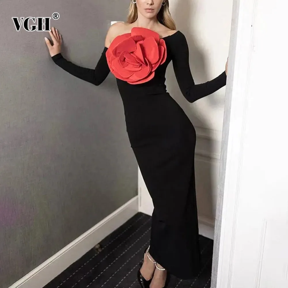 

VGH Solid Patchwork Appliques Slimming Dress For Women Diagonal Collar Long Sleeve High Waist Temperament Long Dresses Female