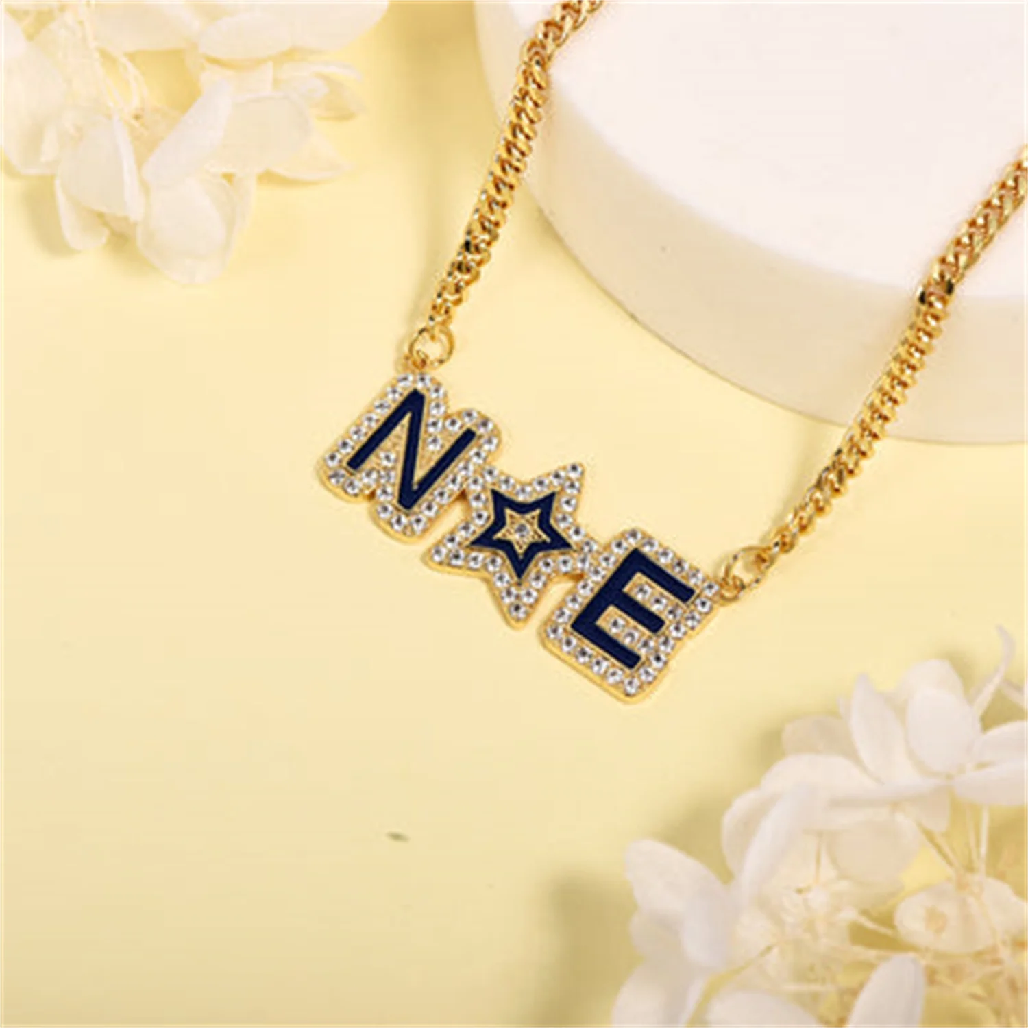 

Personalized Zircon Blue Enamel Initial Capital Letter Necklace with Star Custom Enamel Name Pendant 18K Gold Plated JewelryGift