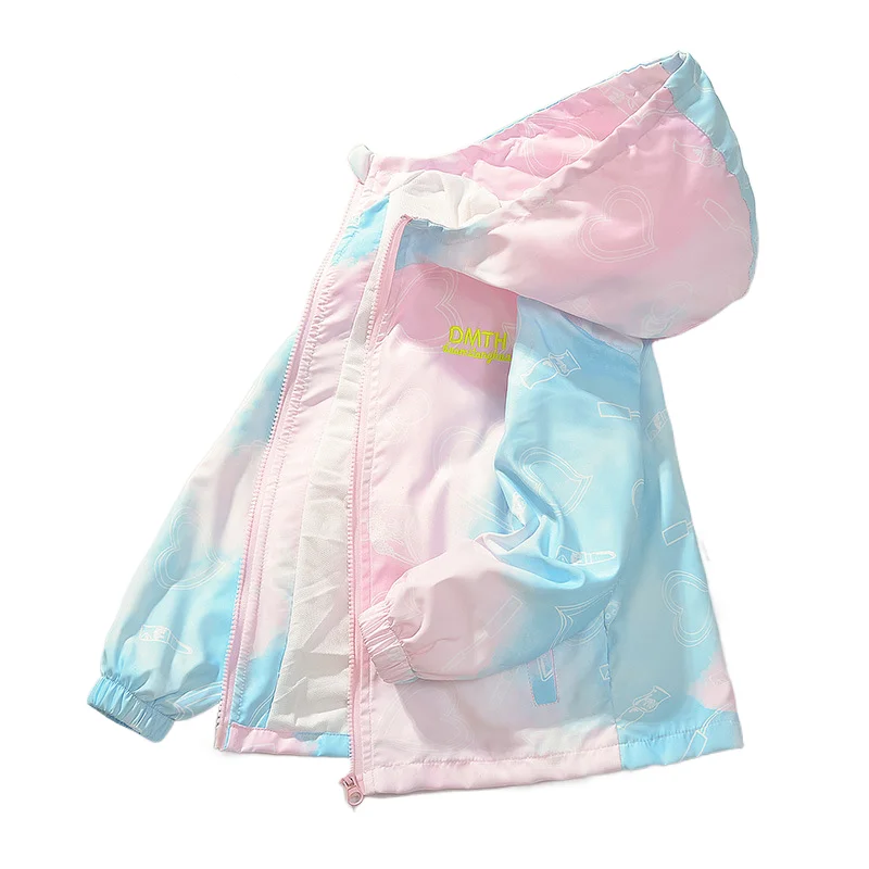 Spring Summer Girls Waterproof Contrast Tie Dye Hooded Lined Zip Hiking Jackets School Kids Outfit Tops Child Track Coat 3-14Yr