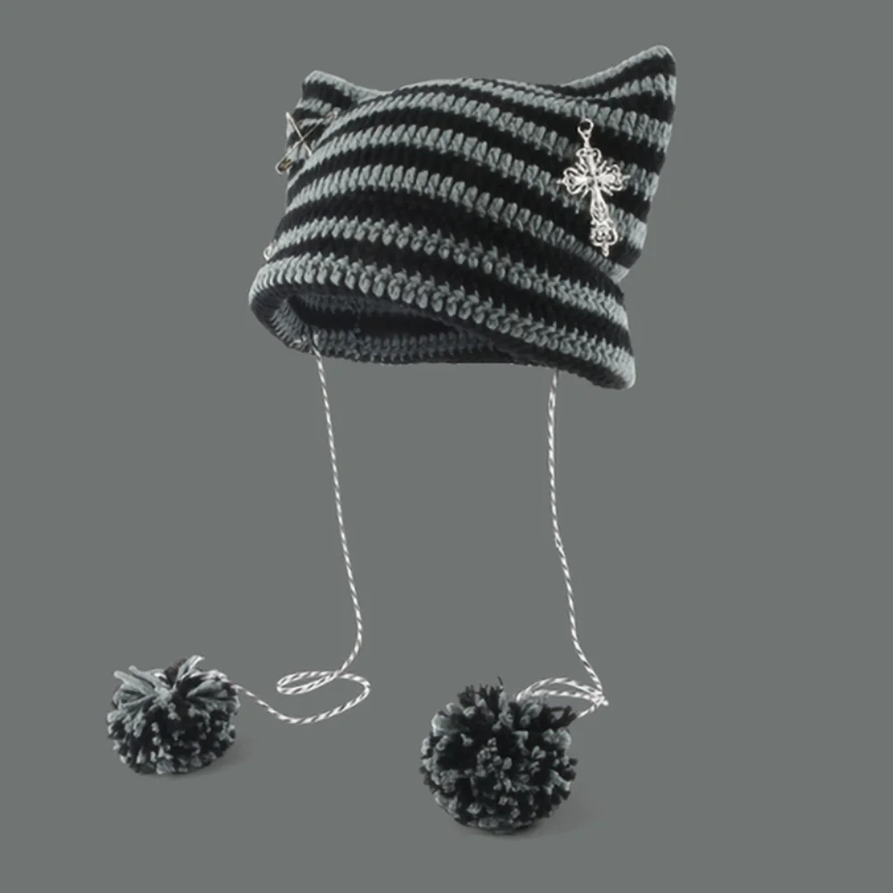 

New Handmade Beanies Hat Cute Metal accessories Cat Ear Striped Devil Winter Warm Pullover Knitted Cap Pompom Bonnets for Women