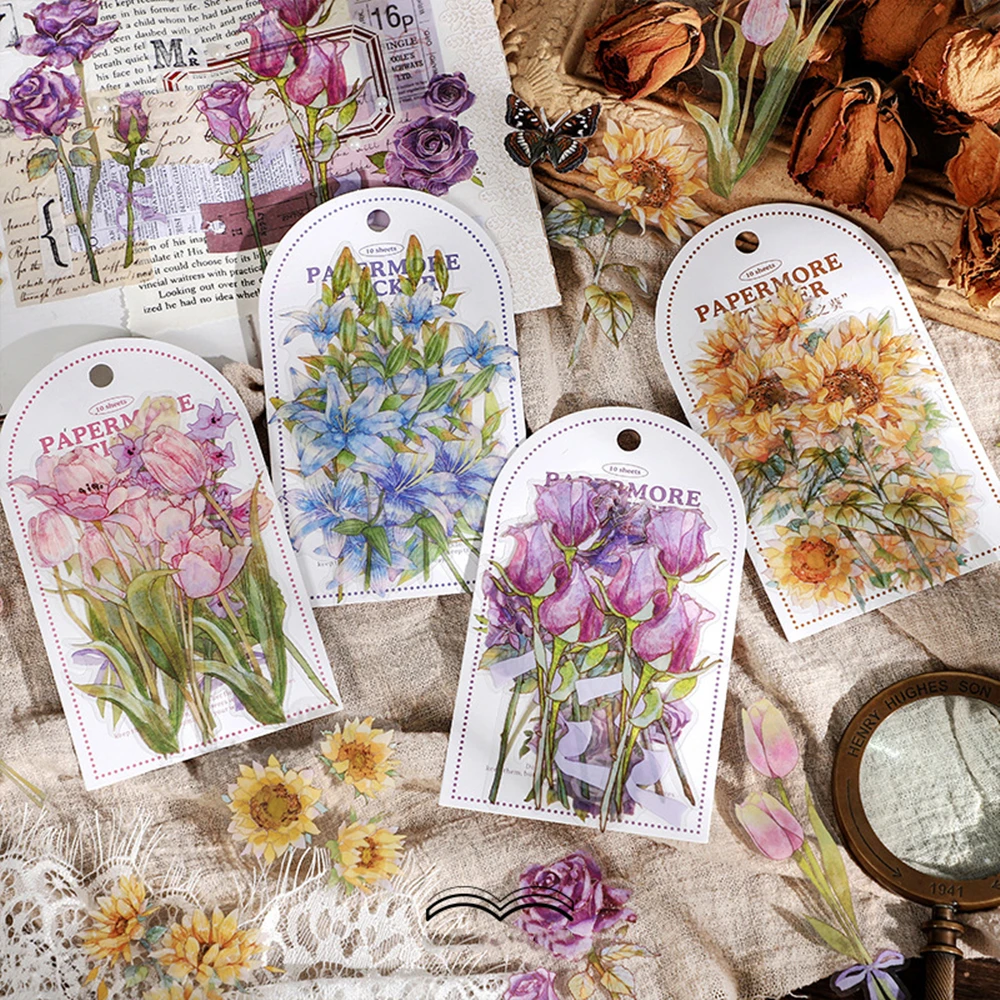 

10pcs/Set Decoupage Crafts Vintage Plant Washi Paper 4 Styles Flower Patterns Retro Masking Tape Sticker Srapbooking Decorative