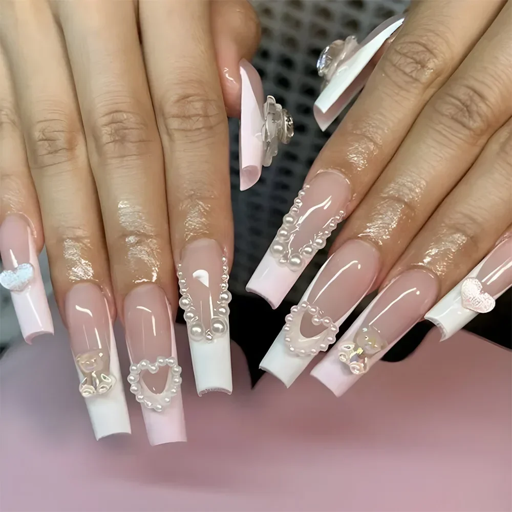Fake Nails 24Pcs Artifical False Nails Glue Heart Designs Detachable Press on Nails XLong Finished False tip