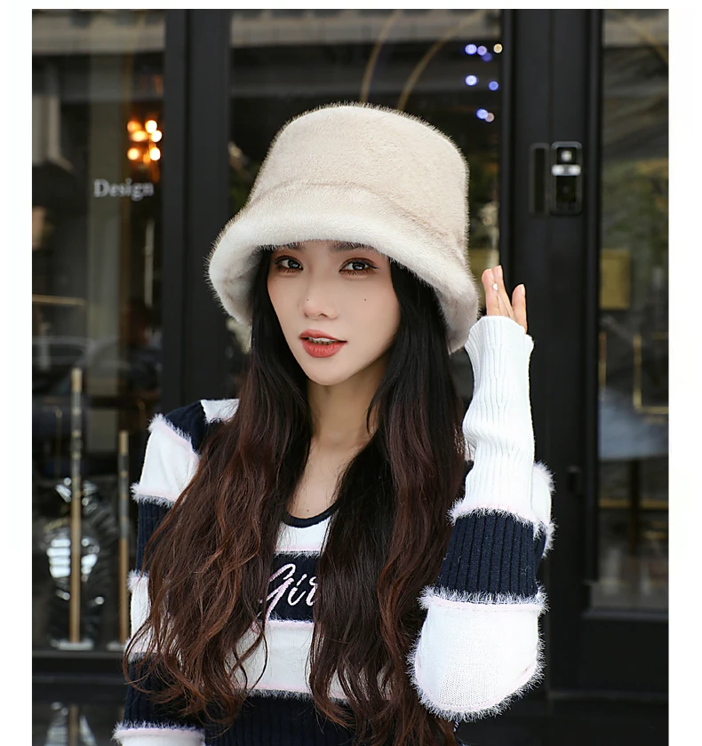 Women Bucket Hat Women Hat Bucket Hat False Mink Fur Bucket Elegant Women's Winter Caps New Design Fashion Artificial Fur Hats Knitted Warm False Mink Beanies