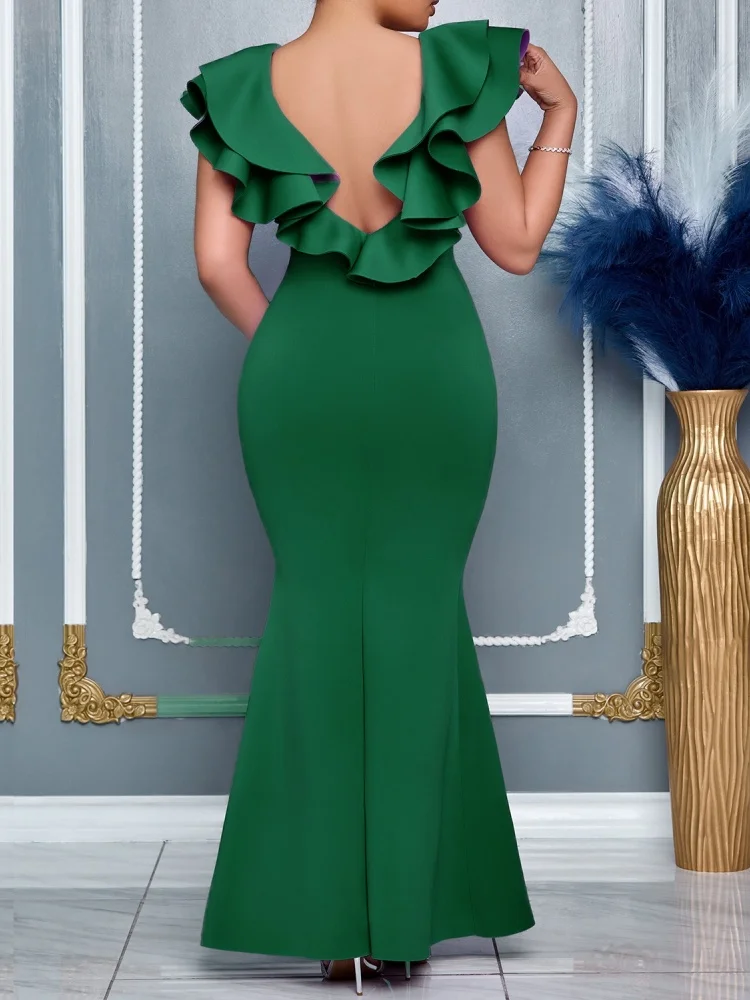 Wmstar 2025 New Women Fashionable Elegant Summer Dress Solid Color V Neck Ruffled Slit Fishtail Dress Short Sleeve High Waist