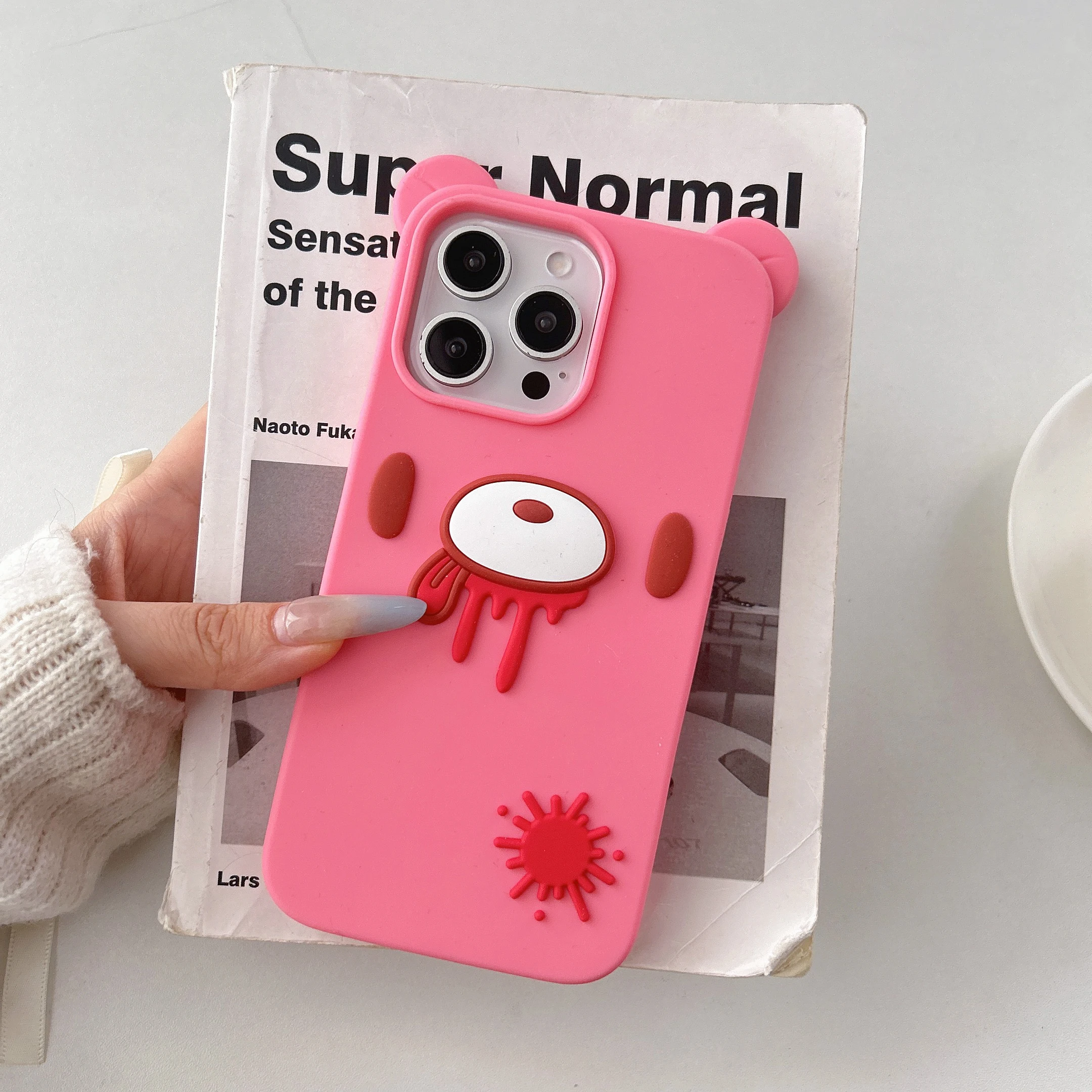 3D Cartoon Cute Gothic Bear Phone Case - Unique Bloody Design, Soft Silicone Cover