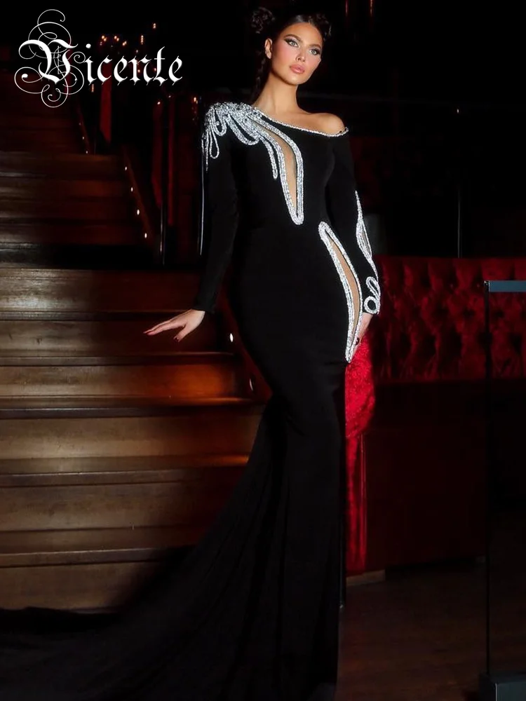 

VC Evening Party Dress For Women Luxury Crystal Cut Out Black Velvet Maxi Long Dress Formal Occasions Gowns