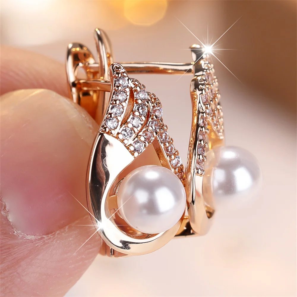 Round Simulated Pearl White Zircon Hoop Earrings For Women Vintage Gold Silver Color Ear Buckle Wedding Jewelry Versatile Gifts