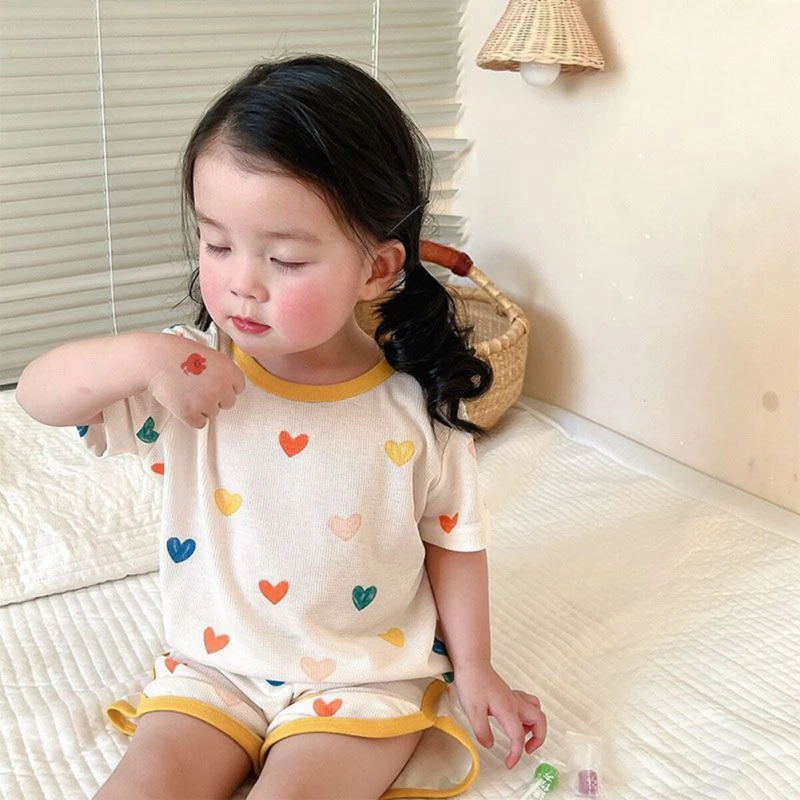 Summer Boys Girls Pajamas New Ice Silk Thin Section Printing Home Wear Baby Split Short-sleeved Pants Air Conditioning Clothing