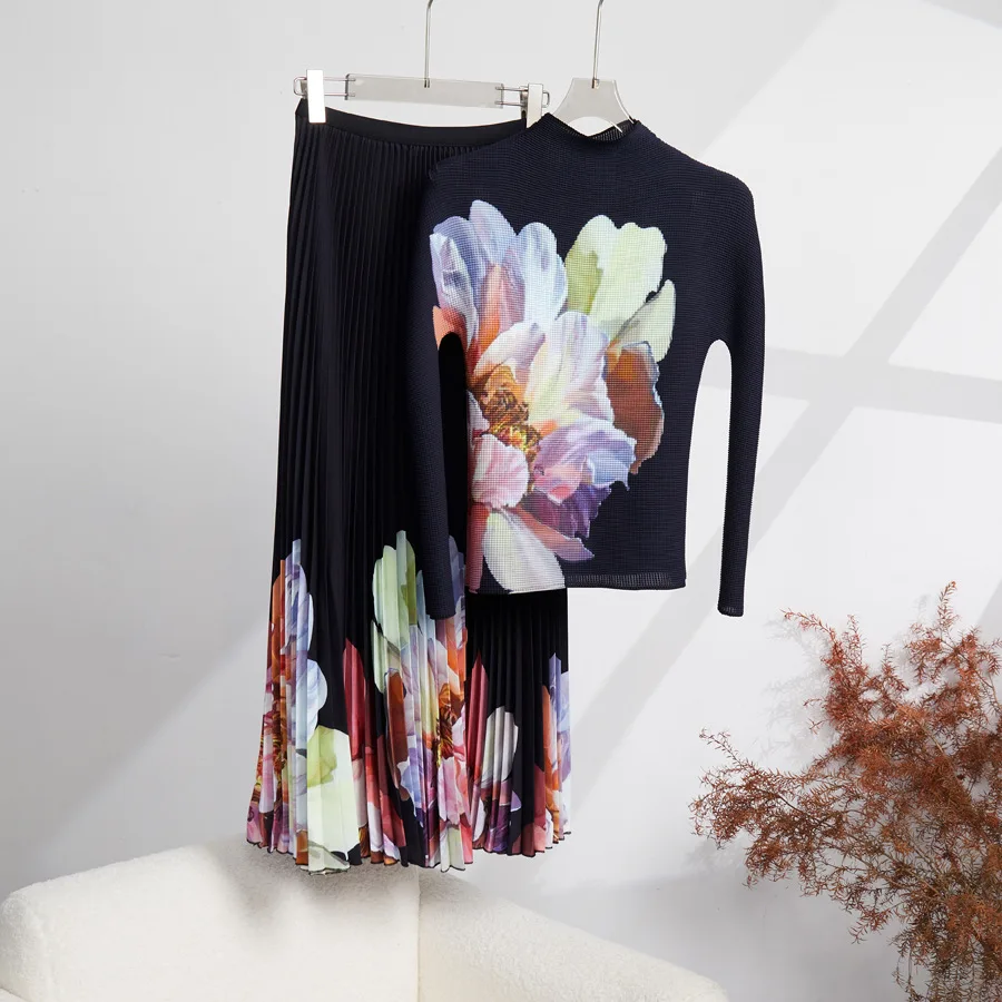 Pleated 2 Pieces Set Fashion Printing High Elastic Slim Fit Long Sleeve Tops + High Elastic Waist A-Line Long Skirt Suit Autumn