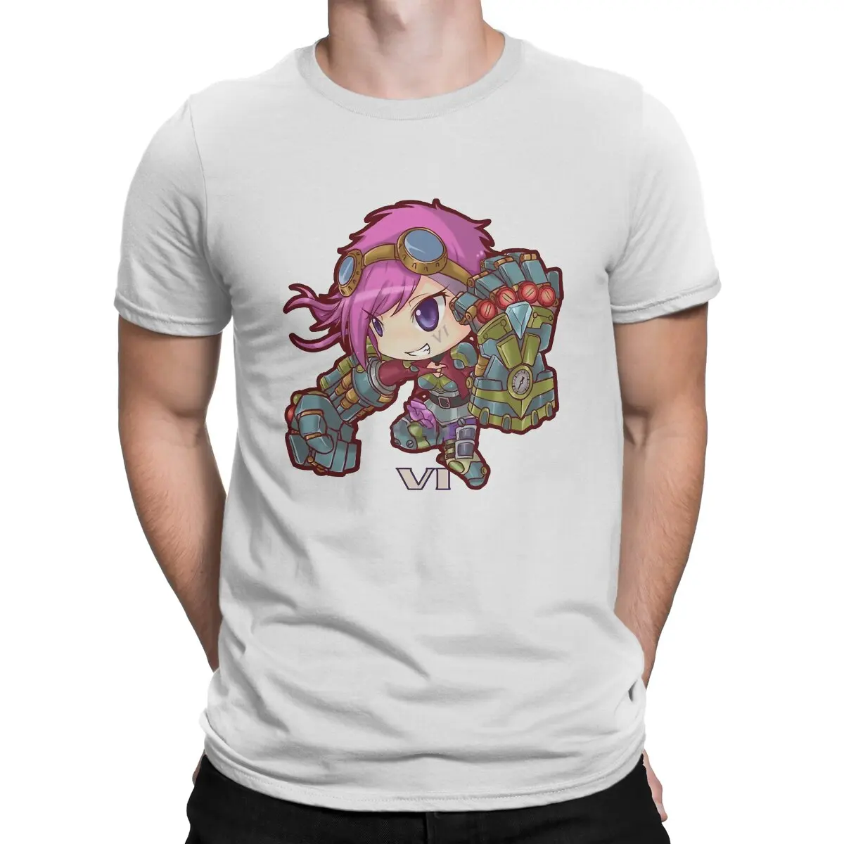 thumbnail image 1 of Camiseta Kawaii VI The Piltover Enforcer para hombre, estilo Arcane League of Legends, LOL Game, de algodón, cuello redondo y manga corta., 1 of 7