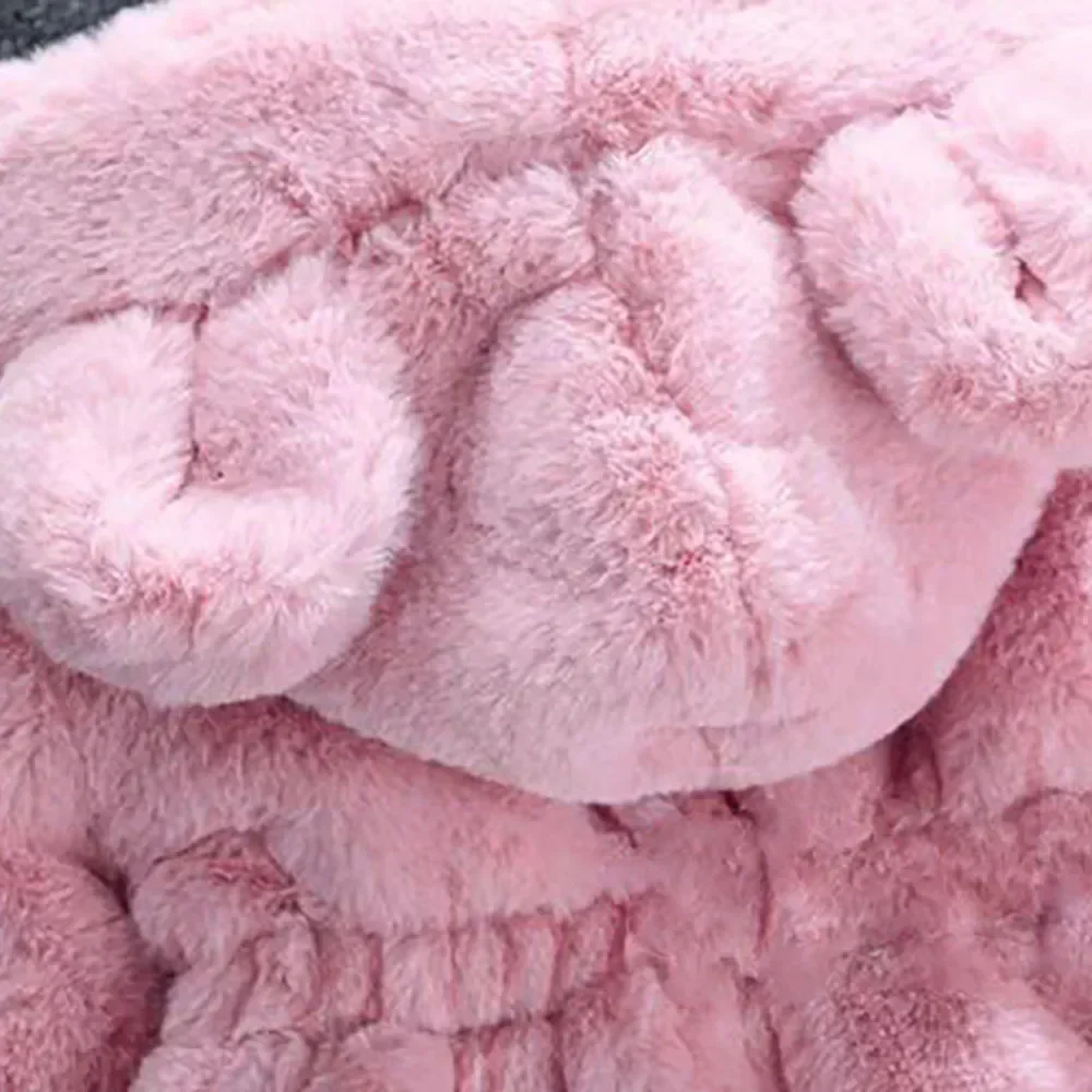 Girls Coat Winter Furry Hooded Bear Solid Color Long-sleeved Thick Warm Cute