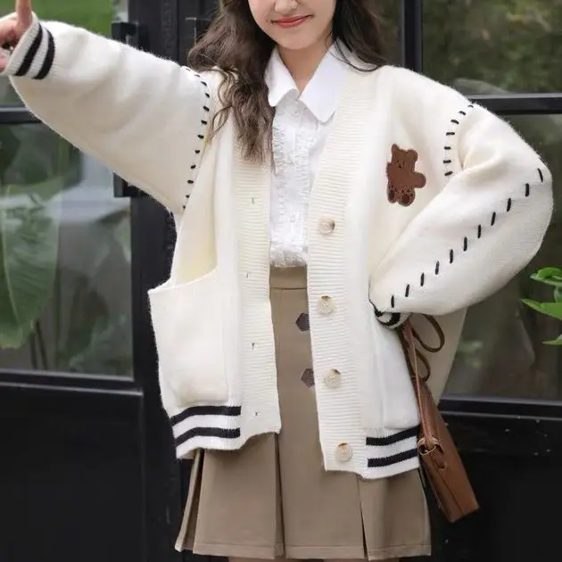 

2022 Autumn Winter gentle soft Bear Embroidery sweater coat retro lazy style v neck coat cardigan women casual harajuku outwear