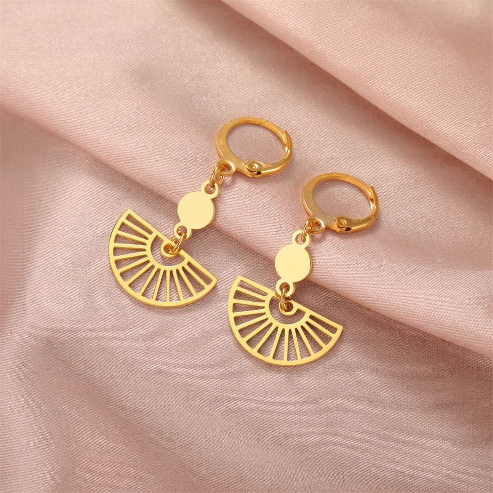 Halbrunde Form Fan Anhänger baumeln Creolen Frauen Mädchen geometrische böhmische Edelstahl Schmuck Geburtstag Party Geschenke – Detail 15
