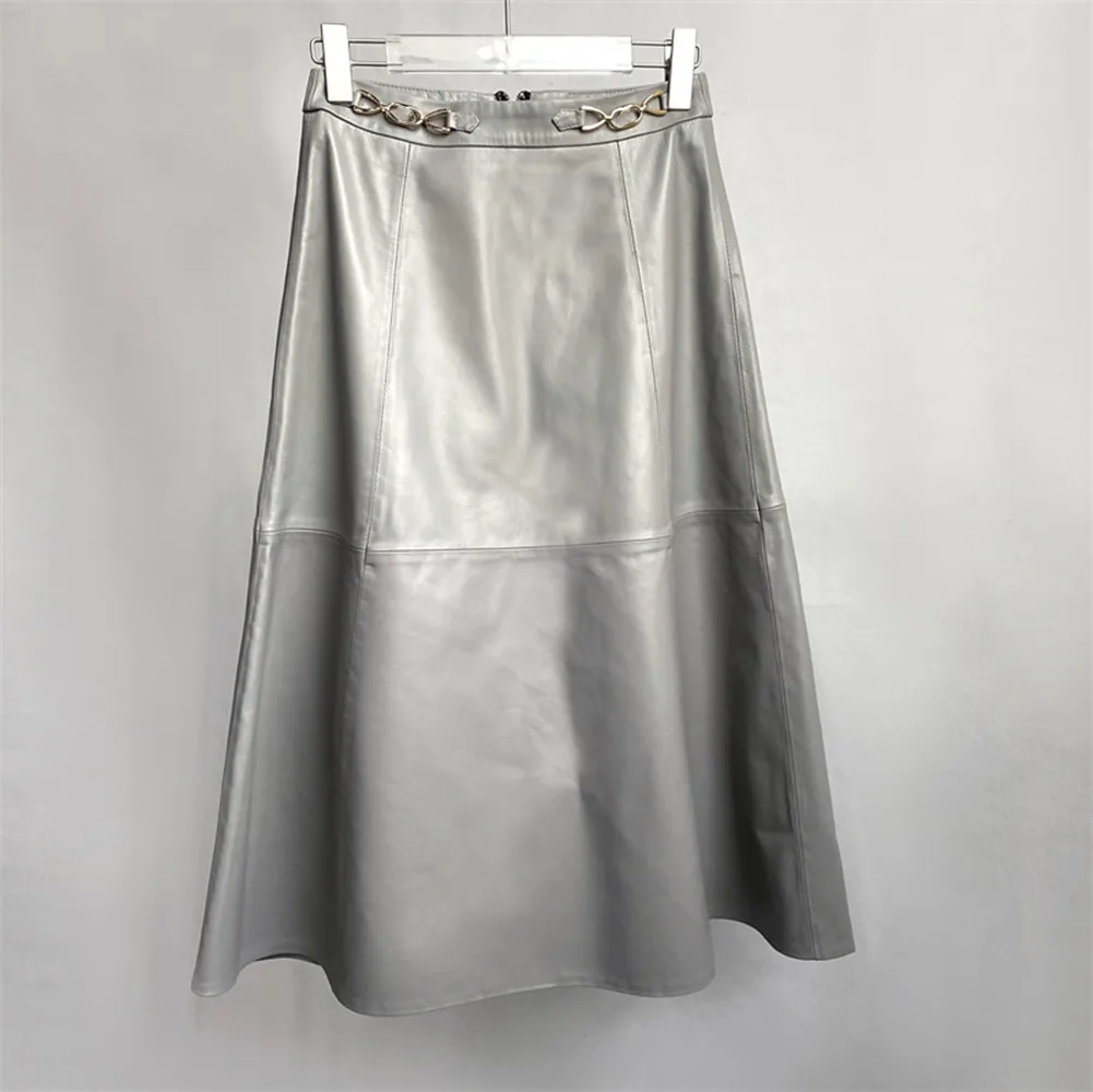 2022 Autumn Winter Chic OL High-rise Leather-Skirt High Quality Sheepskin Genuine-leather Women's Elegant Skirts B910