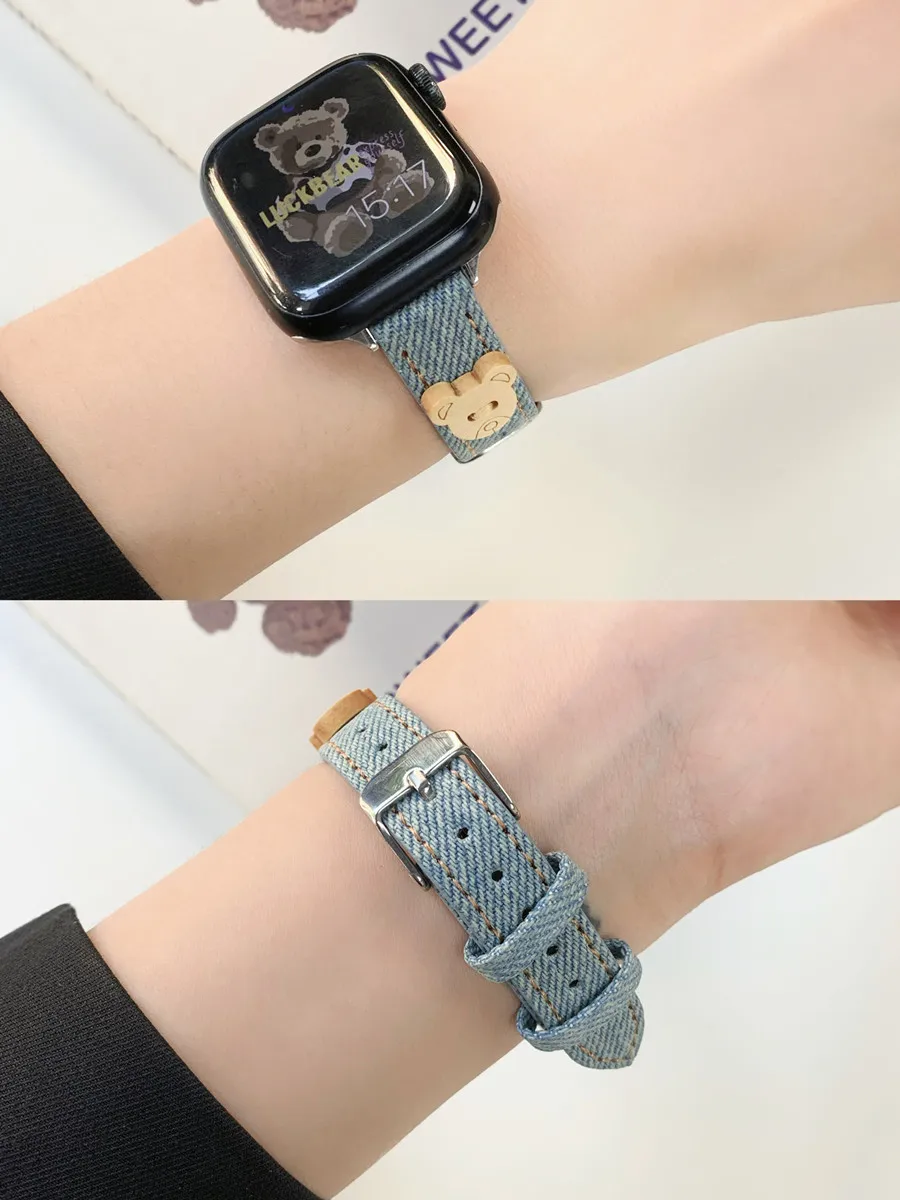 

Джинсовый кожаный ремешок с милым медведем для Apple Watch Band 49Ultra2 38/42 мм 6SE 5 4 3, браслет для Iwatch 7 8 40/44/41/45 мм, ремешок