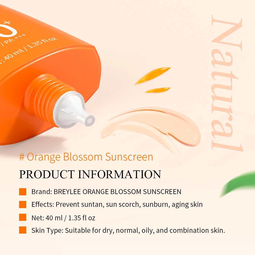 BREYLEE SPF 50 +/PA ++++ Orange Blossom Facial Sunscreen Vitamin C Whitening Refreshing Brightening UV Protection Sunscreen 40ml facial sunscreen cream