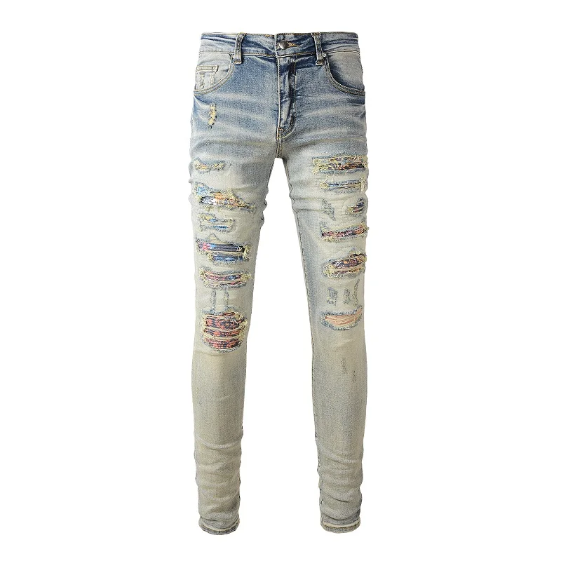 

Men's Distressed Blue Streetwear Fashion Skinny Stretch Destroyed Holes Tie Dye Bandana Ribs Patches Slim Ripped Jean Pants