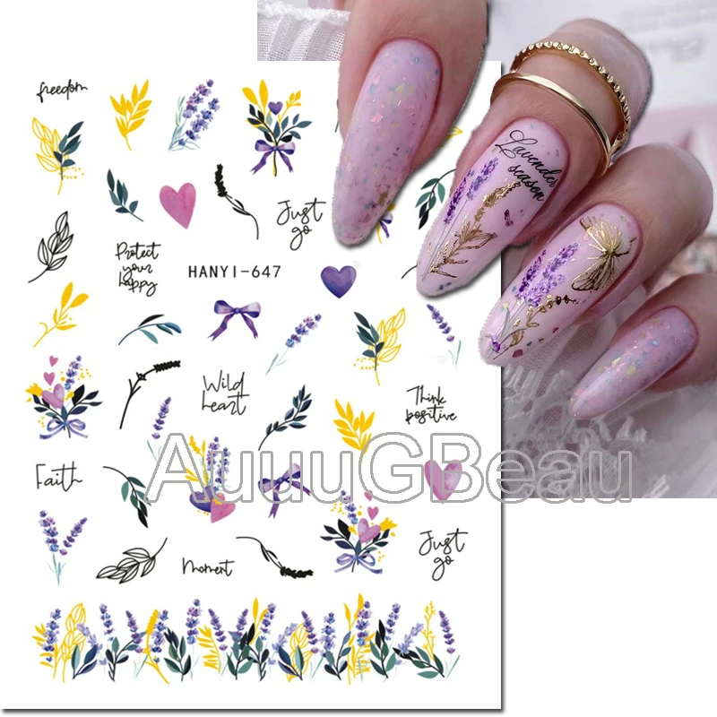 3d Nail Art Decals Purple Florals Lavender Flowers Letters Adhesive Sliders Nail Stickers Tips Manicure