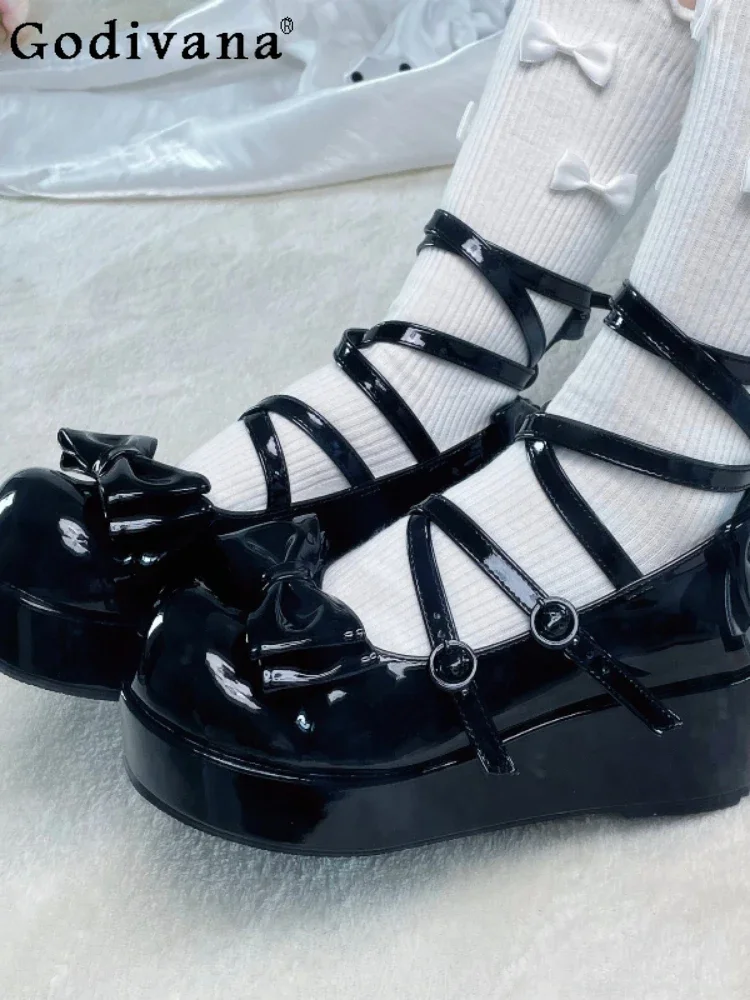 

Fashion Solid Color Women's Platform High Heels Spring Autumn Elegant Sweet Lolita Round Toe Bowknot Cross Lace-up High Heels