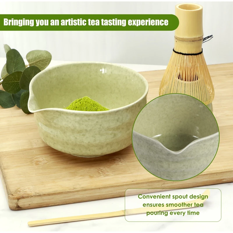 1/4pcs Japanese Matcha Tea Set Ceramic Matcha Bowl Mouth Bamboo Whisk And Tea Scoop Grinder Brush Tea-making Tools matcha tea set,matcha tea tools,tea ceremony tools,tea set,matcha whisk