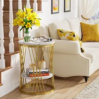 LITTLE TREE Table d'appoint ronde, table d'appoint moderne à 2 niveaux en or blanc avec étagères, pour chambre à coucher, salon (1, blanc et or) 5