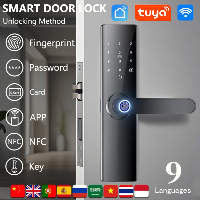 Tuya Wifi Digital Electronic Smart Door Lock Fingerprint Smart Card Password Key Unlock Advanced Security Convenience