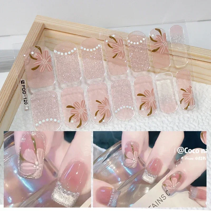 DIY 반 경화 젤 네일 스티커 봄 네일 스트립 패치 슬라이더 풀 커버 데칼의 오래 지속되는 솔리드 컬러 신선한 꽃