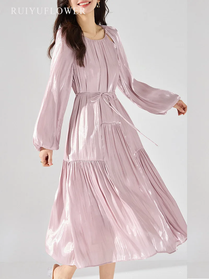 lady-korean-bell-sleeves-o-neck-fairy-skirts-cake-dress-gloss-dress-spring-autumn-pressed-pleat-female-long-skirt-women-clothing