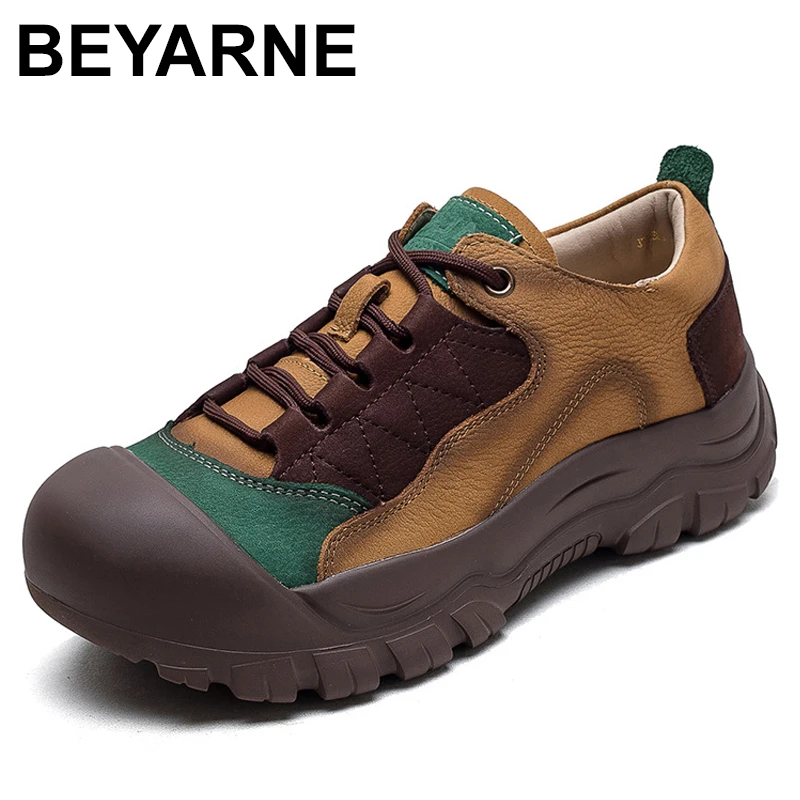 

Round Toe Mixed Colors Casual Shoes 2024 Autumn New Genuine Leather Lace-up Thick Sole Women Sneakers