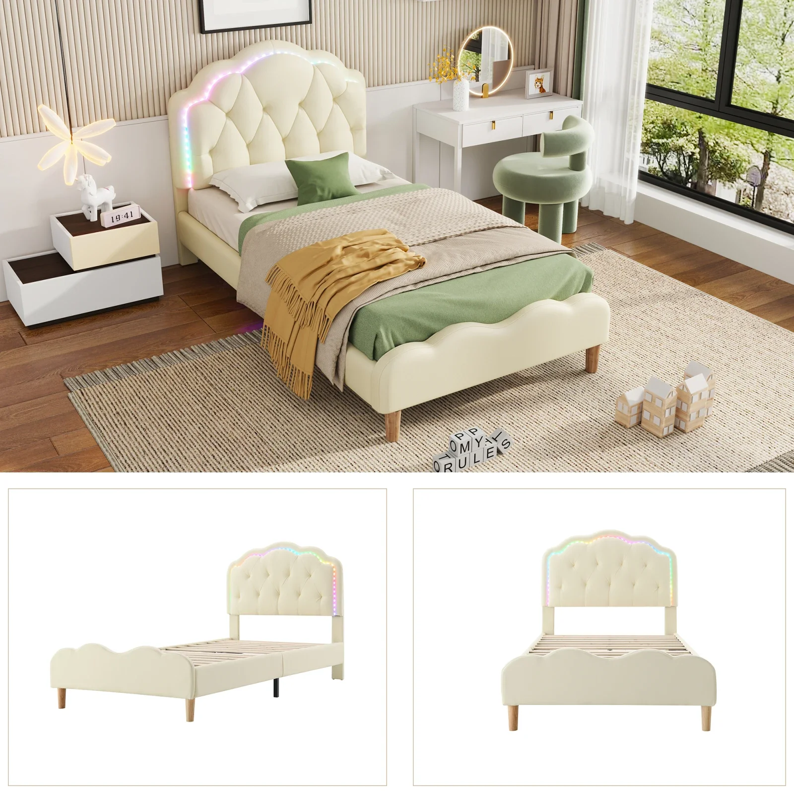 Rosahqnda 90*200cm Kinderbett mit LED-Einzelbettgestell Mädchenbett Polsterbett Jugendbett mit Wellenkopfteil PU weiß – Detail 5