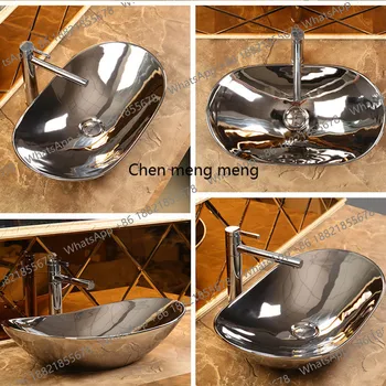 อ่างล้างหน้าแบบอินโกต์สไตล์ยุโรป ชุบด้วยทองและเงิน อ่างล้างหน้าสำหรับใช้ในบ้าน อ่างเซรามิกสำหรับโรงแรม 2