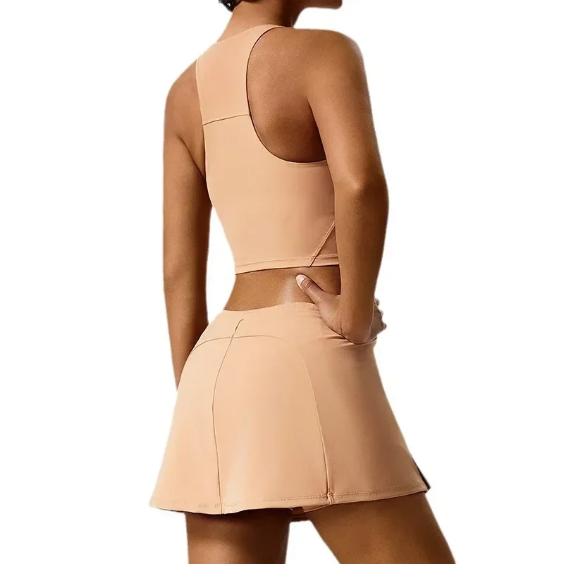 2PCS Yoga Tennis Skirt Set Gym Outdoor Bra with Chest Pad Crop Top High Waist Fitness Skirt Suit Women Golf Workout Sport