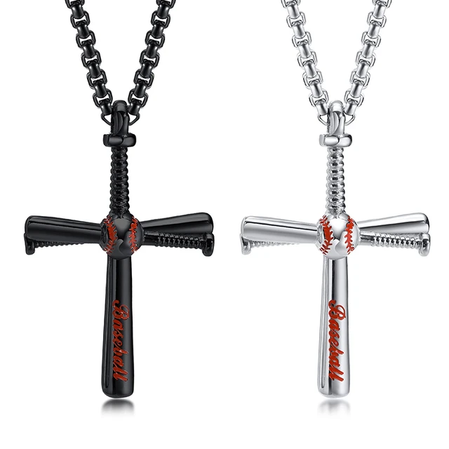 Gold Black Enameled Gripped Baseball Bat Cross Necklace