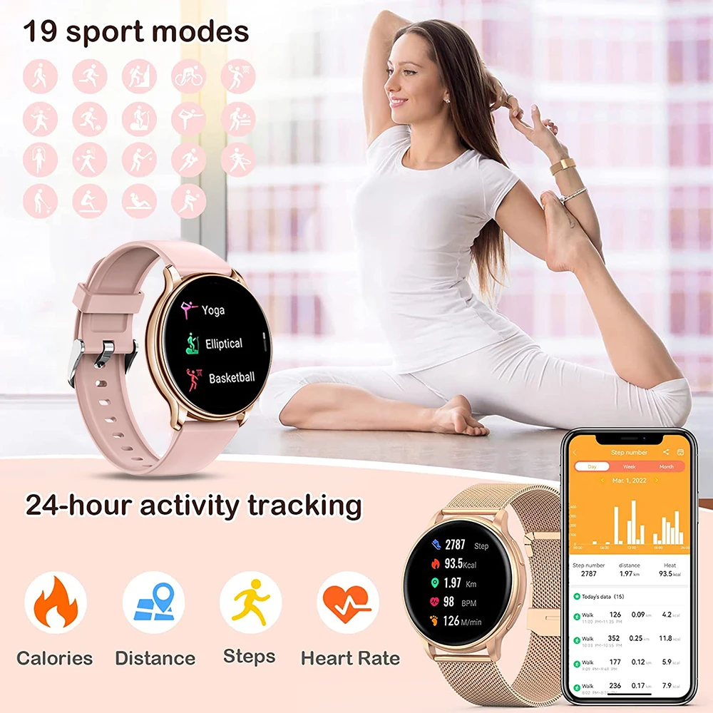 A woman in yoga poses with a fitness tracker on her wrist, featuring the Custom Dial Womens Smartwatch - Multiple Designs.