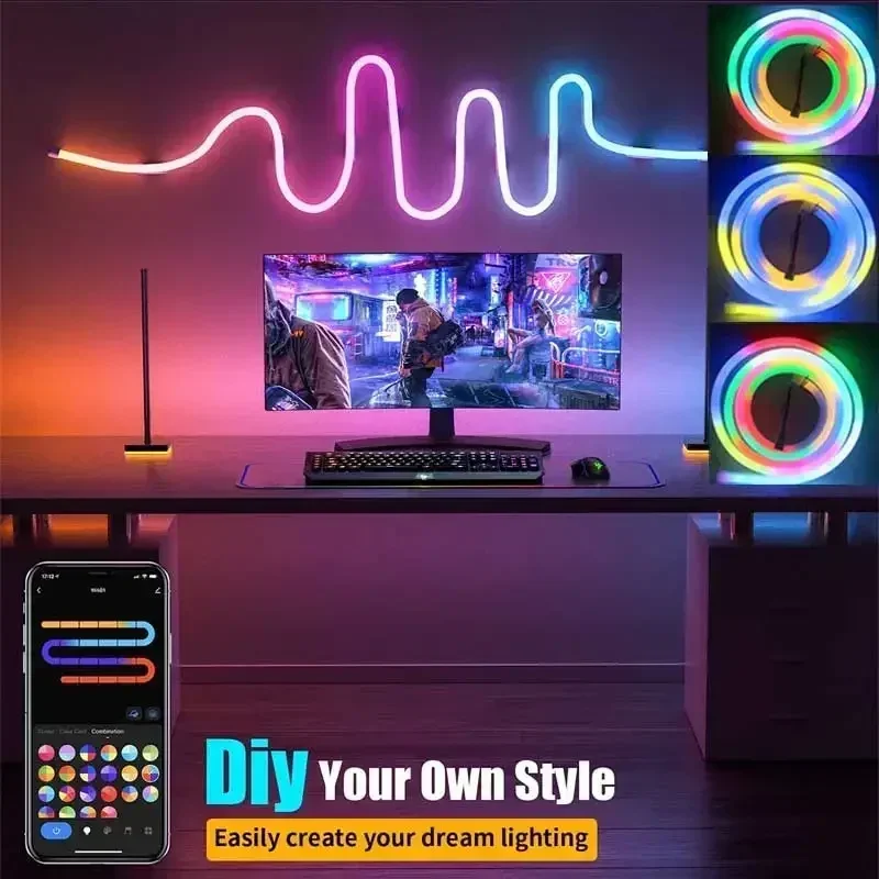 LED Strip Lights TUYA Neon Strip 5-24V Silicone Neon Rope 84LEDs/M Music Sync RGBIC Dreamcolor Chasing For Room