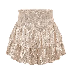 Sparkly Sequined A-Line Mini Shorts Skirt for Women High Waist Double Layer Tiered Pleated Ruffle Skater Skort Built-in Shorts