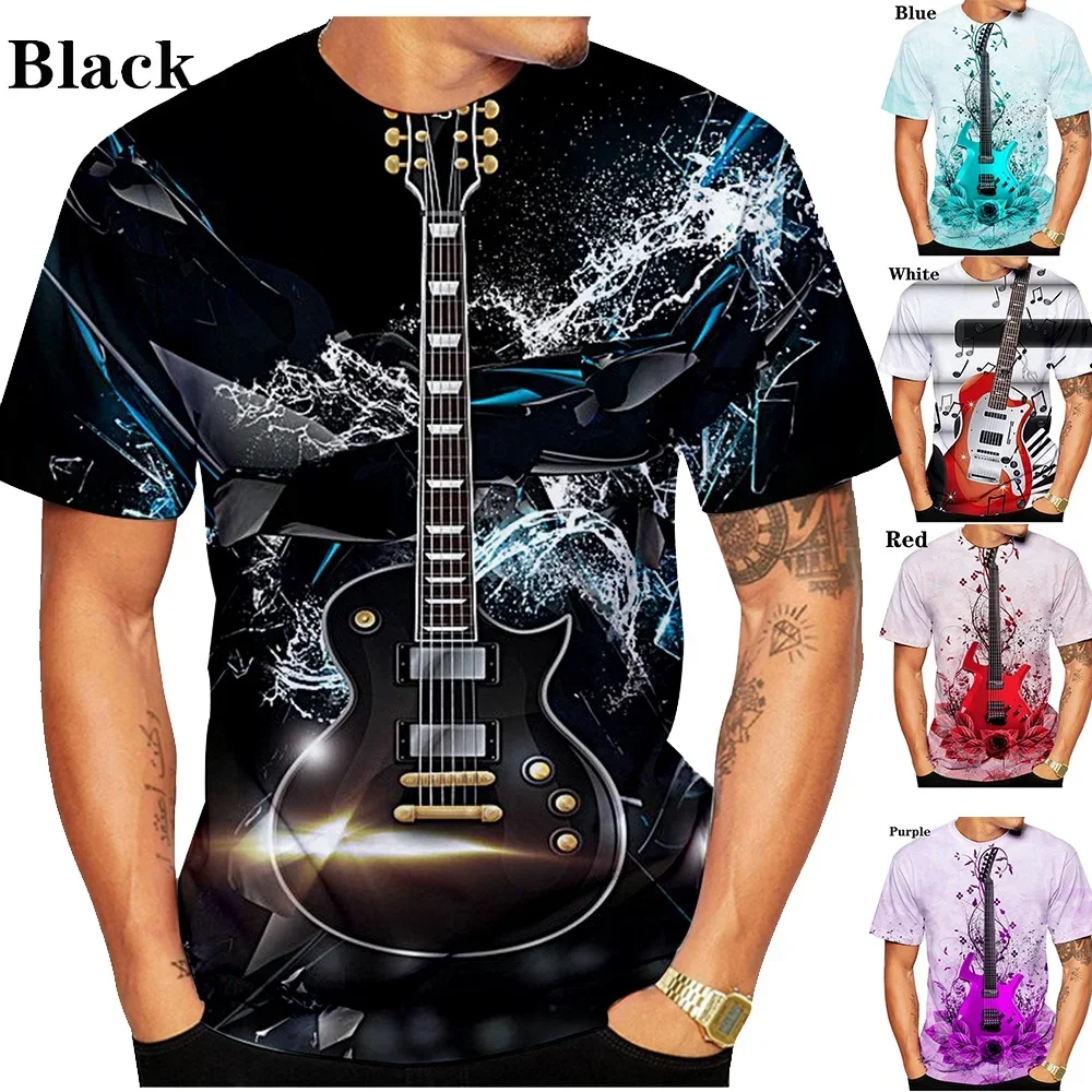 

2024 Funny Guitar Colorful 3D Print T-shirt Men Women Tops Short Sleeves Tees XS-5XL