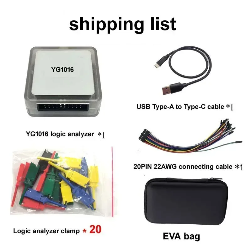YG1016 미니 C타입 USB 로직 분석기, ae ARM FPGA 지지대 공식 소프트웨어, EVA 케이스 포함, 16 채널 로직 16, 100MHz