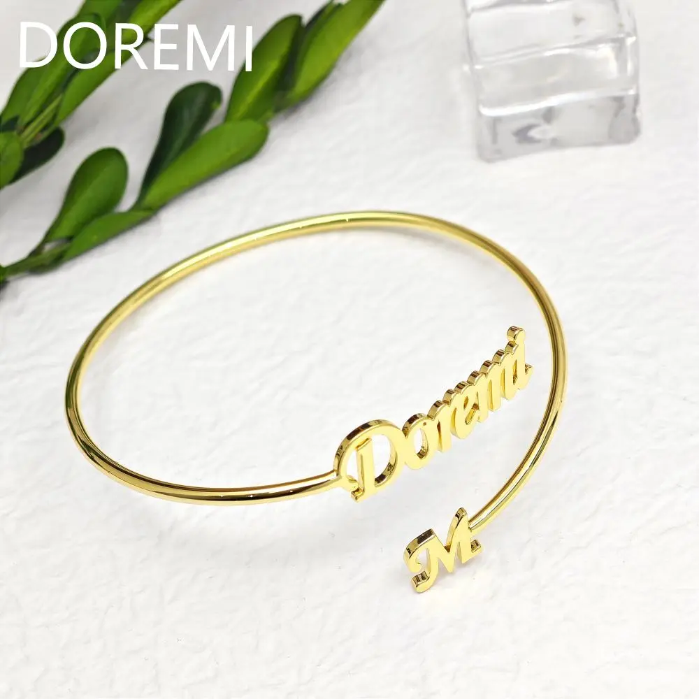 DOREMI Custom Name Spiral Letters Bangle Double Name Gold Women Bracelet Initial Letter Gift Jewelry