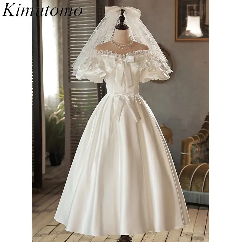 

Вечернее атласное платье Kimutomo в стиле Хепберн, Элегантное свадебное платье с бантом и деревянными ушками, платья во французском стиле принцессы, 2022
