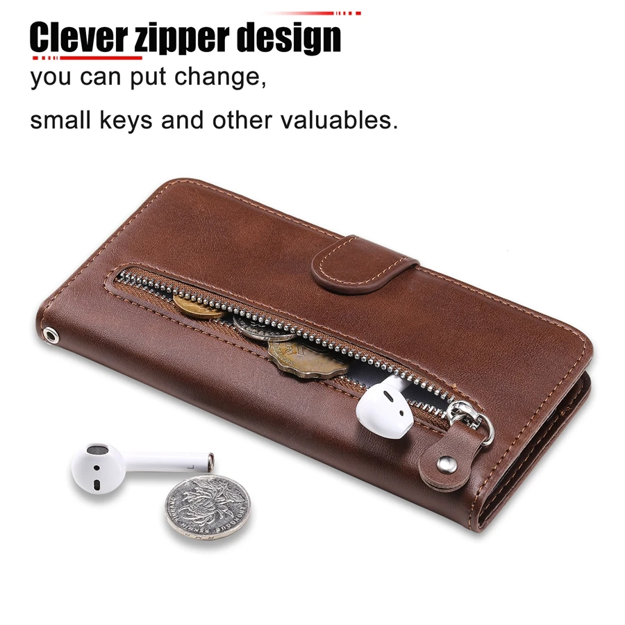 Premium Wallet Stand Zipper Magnetic Flip Case - Artificial Cowhide Design