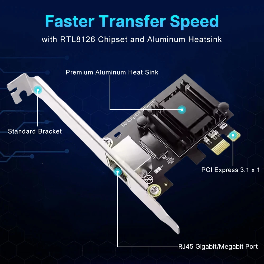 5Gbps Pcie-RJ45 네트워크 카드 Realtek 8126 100Mbps/1G/2.5G/5G RJ45 인터페이스 기가비트 이더넷 PCI Express X1 X4 X8 X16 어댑터