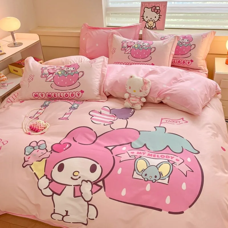 

New Sanrio My Melody cartoon animation pure cotton four-piece bedding set Kuromi girly heart student dormitory three-piece set