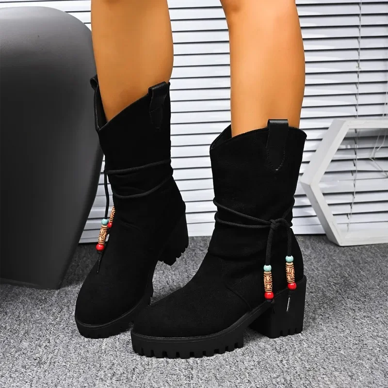 Suede Platform Mid-Tubular Shoes Round Toe Sleeve Platform Anti-Slip Wear-Resistant Thick Heel Single Shoes