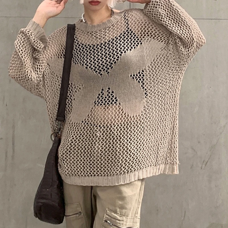 

Trendy Women Hollow out Knit Pullover Knit Top Harajuku Long Sleeve Knit Tops