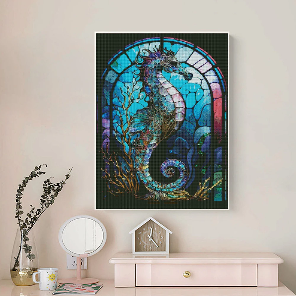 HUACAN Sea Horse Cross Stitch Flower Printed Canvas Needlework 14CT Kits DIY Handmade Embroidery Animal Gift Home Decoration