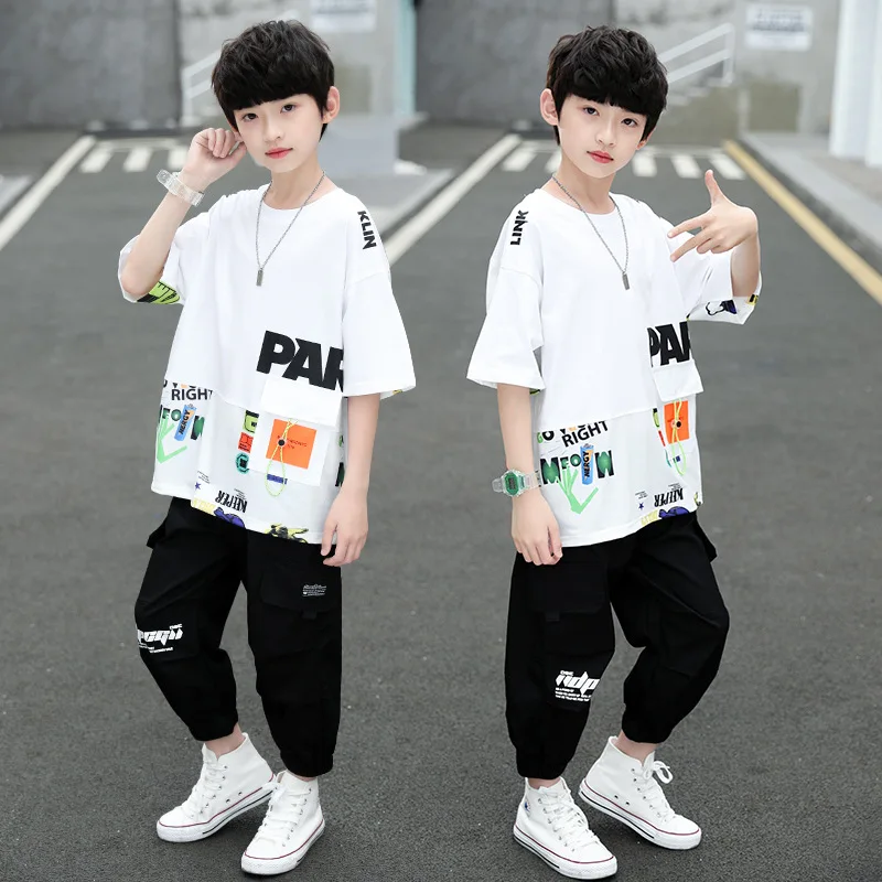 

Children Clothes Suit Fashion Summer Teenage Boys Loose Casual Korean High Quality T-Shirt Pants 2Pcs/Sets Outfits 6 8 10 12 14Y