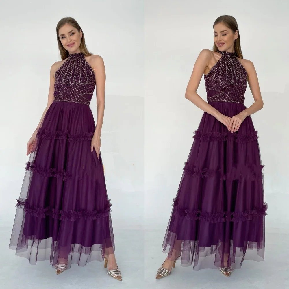 

Yipeisha Prom Dress Exquisite Halter A-line Anke Length Dresses Paillette Draped Tulle Customized